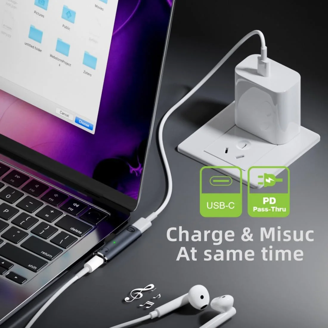 2-in-1 USB C 스플리터(100W 충전 포트 포함), USB C-3.5mm 헤드폰 잭 및 PD 100W 고속 충전 지원(충전 및 음악)