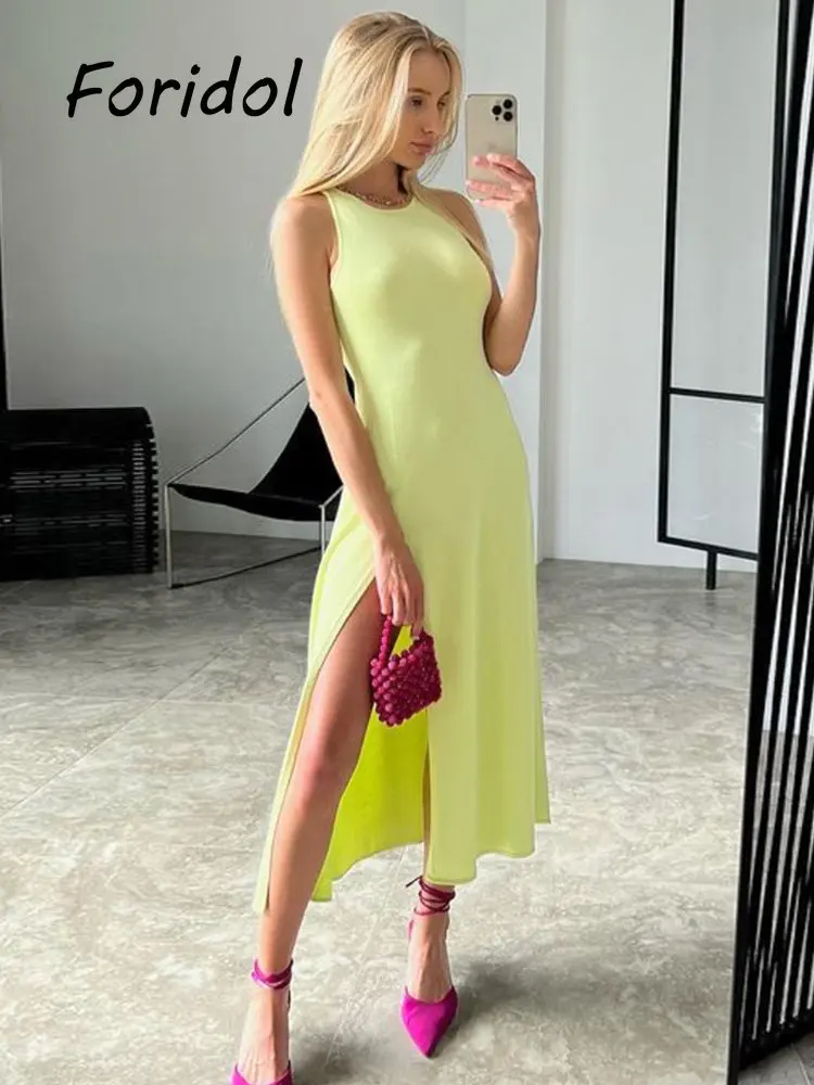 

Knitted Split Sleeveless Midi Women Dress Sexy Solid Slim Hip Bodycon Long Dresses 2023 Spring Summer Ladies Fashion Vestido