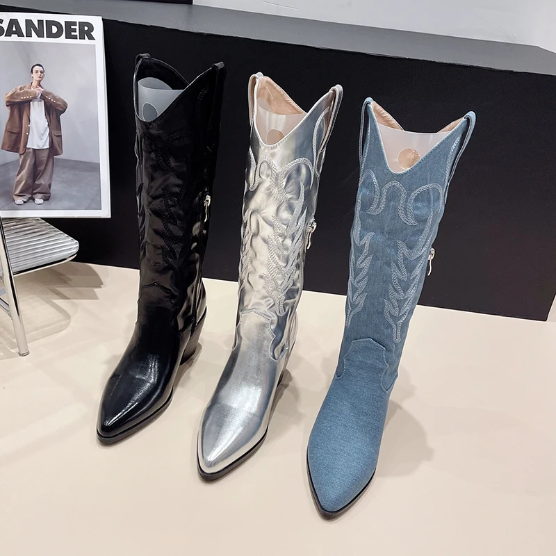 Kcenid Autumn Winter Cozy Sfot Leather Boots High Knee Woman Heels Fashion Handwork Embroidery Ladies Pointed Toe Long Shoes