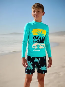 Two Piece Swimsuit 2026 New Green Coconut Tree Long Sleeves Children Swimwear Summer Shorts Beachwear Bathing Suit For Swimming