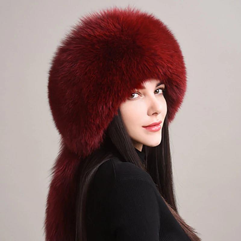 2025 Hot Sale Winter Women Fox Fur Hat Fluffy Soviet Female Outdoor Warm Cap Snow Fur Hats 5 tails Real Fox Cold Bomber Hats