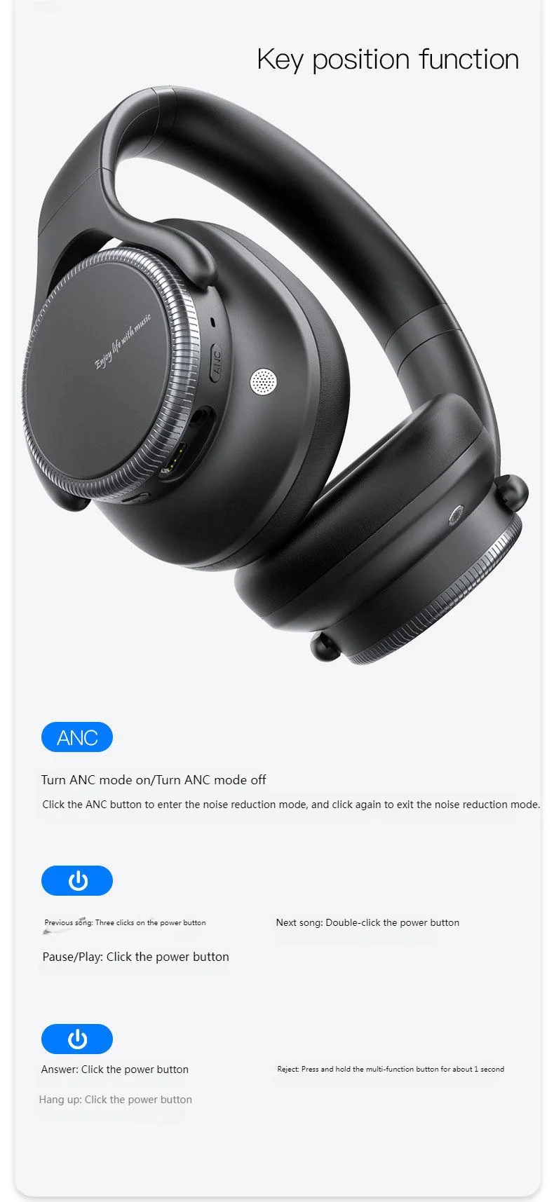Rotary Volume Knob ANC Active Noise Cancelling Over-Ear Wireless Bluetooth6.0 Headphones Head Mounted Foldable Headset With Mic