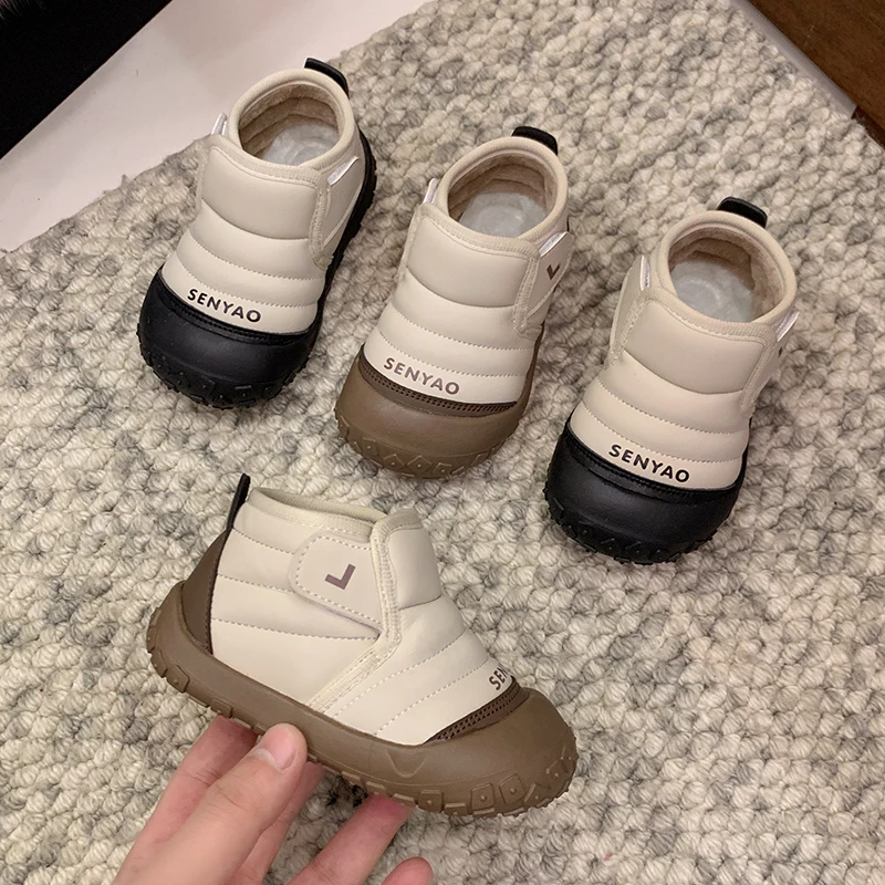 Baby Autumn/Winter Fashionable Round Toe Plus Velvet Soft/Warm Cute Thick-soled Short Boots Kids Lightweight One-piece Snow Boot