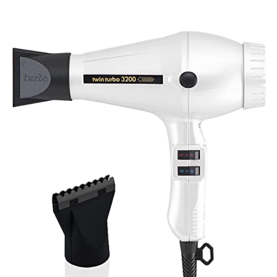 Turbo Power Twin Turbo 3200 White Hair Dryer + Hot Blow Attachment Bundle Professional High-Speed Dryer for Smooth Fast Drying