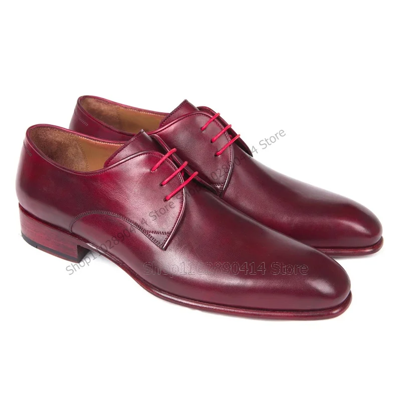 

Burgandy Leather Strappy Men Derby Shoes Fashion Lace Up Men Shoes Luxurious Handmade Party Feast Banquet Office Men Dress Shoes