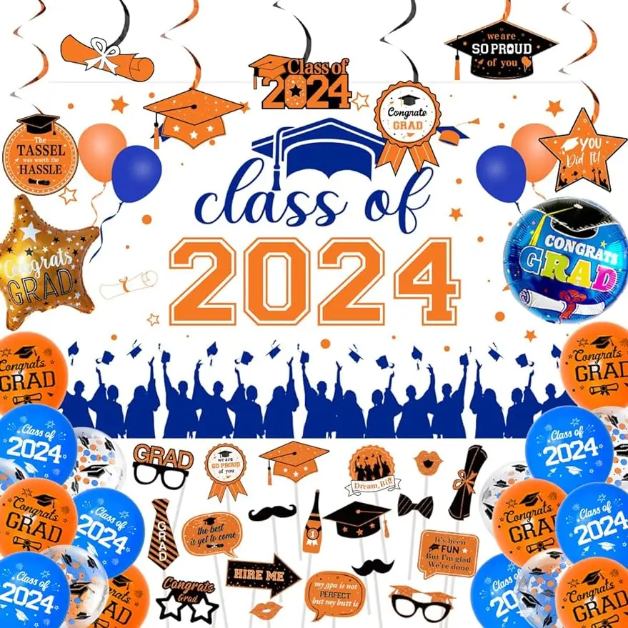 2024 Graduation Decorations Orange Blue, Graduation Backdrop Balloon Photo  Booth Props for Class of 2024 Grad Party Supplies - AliExpress