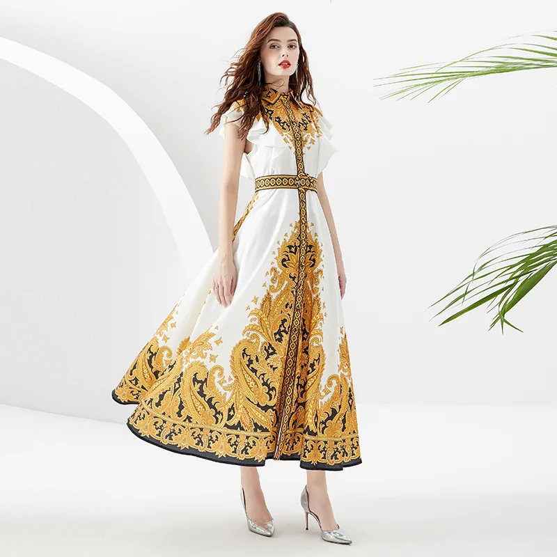 

2023 early autumn holiday banquet lapel single front small flying sleeve printed long dress