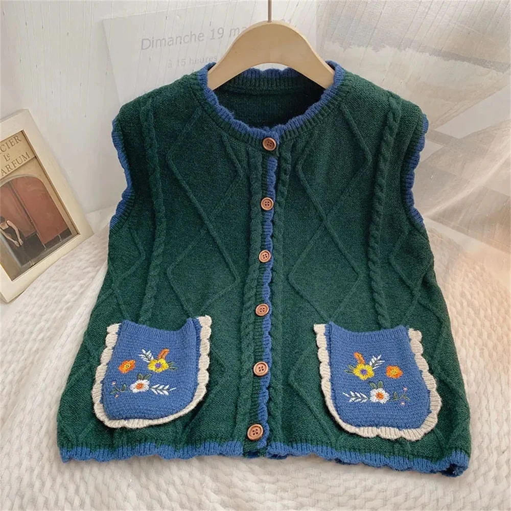

Jacquard Double Pocket VestWomen Color Blocked Single Breasted Chic Autumn Winter New 2023 Versatile Vests sweater korean style