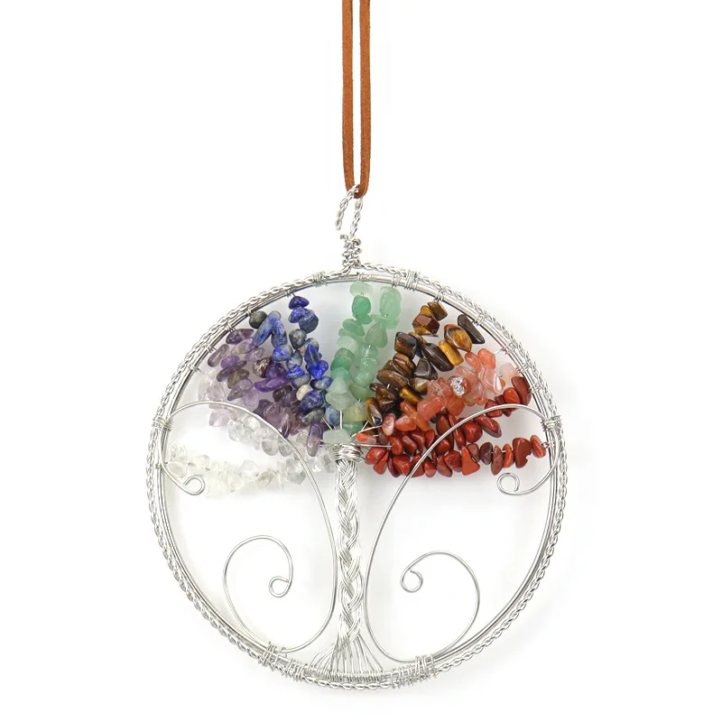 Healing Reiki Natural Ore Crystal Agate Ornament Handmade Chakra Gravel Crystal Tree Of Life Door Window Decoration Home Hanging tumbeelluwa wire wrapped tree of life crystal sun catcher hanging decorations healing gemstone window wall ornament home decor