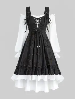 Plus Size High Low Maxi Dresses Women Autumn Casual Floral Flocking Ruffles Cold Shoulder Lace up Poet Sleeves Dress