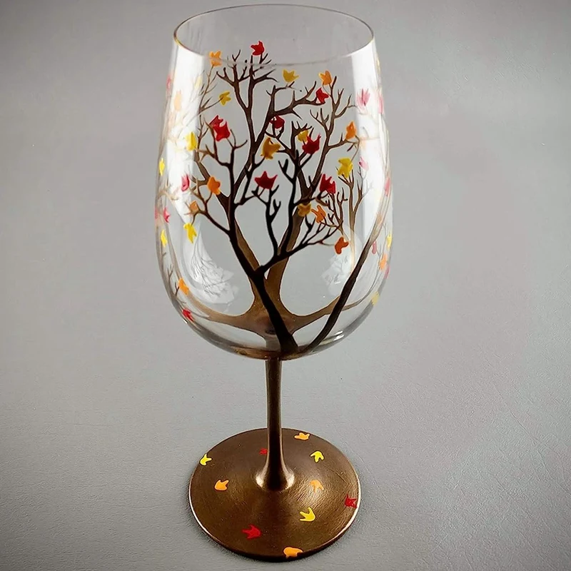 AEE4-Autumn Tree Wine Glass-Fall Colors-Leaves Of Red, Yellow, Orange Hand Painted Fall Leaf