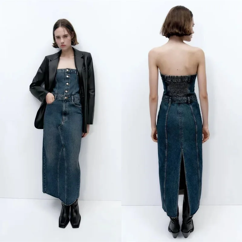 

Women Strapless Denim Dress Retro Cotton Long Dresses Korean Version Niche Slit Button-down Chest Wrapping Autumn Winter Vintage