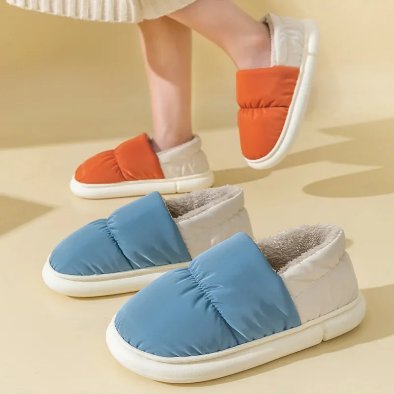2023 New Waterproof Women Slippers Outside Thick Bottom Super Warm Plush Platform Winter Down Non-slip Cotton Shoes  for Couples