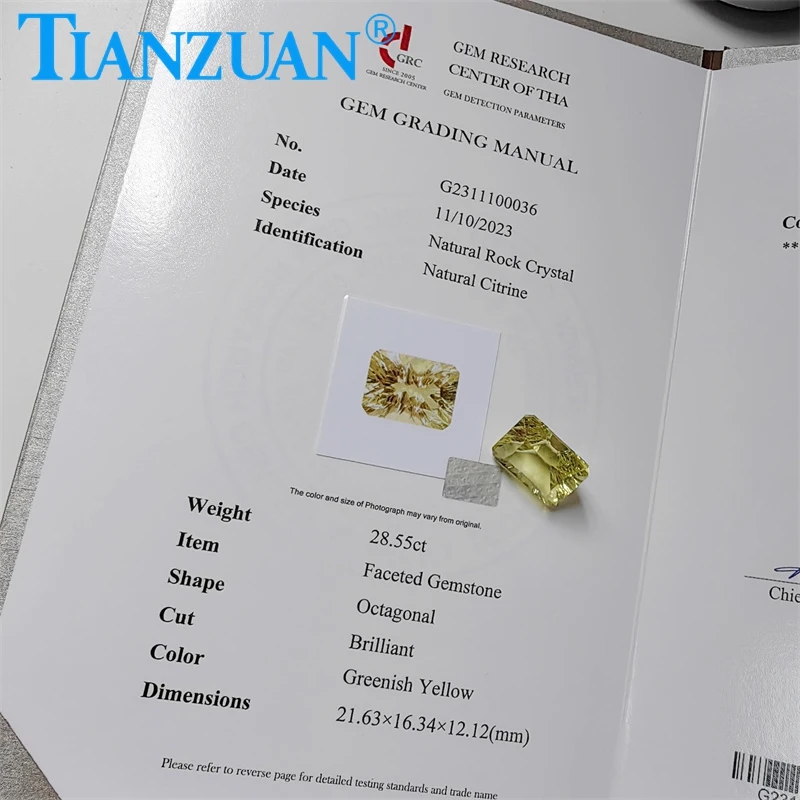 28.55ct Natural Citrine Greenish Yellow Color Octagonal Shape Brilliant Cut Loose Gem Stone with GRC Certified
