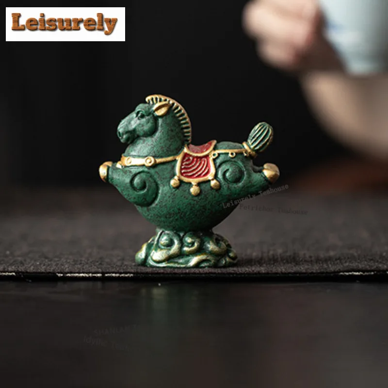 Green Sandstone Horses Flying on Clouds Tea Pet Vintage Exquisite Miniatures Tea Figurine Play Toys Tea Statue Ornaments craft