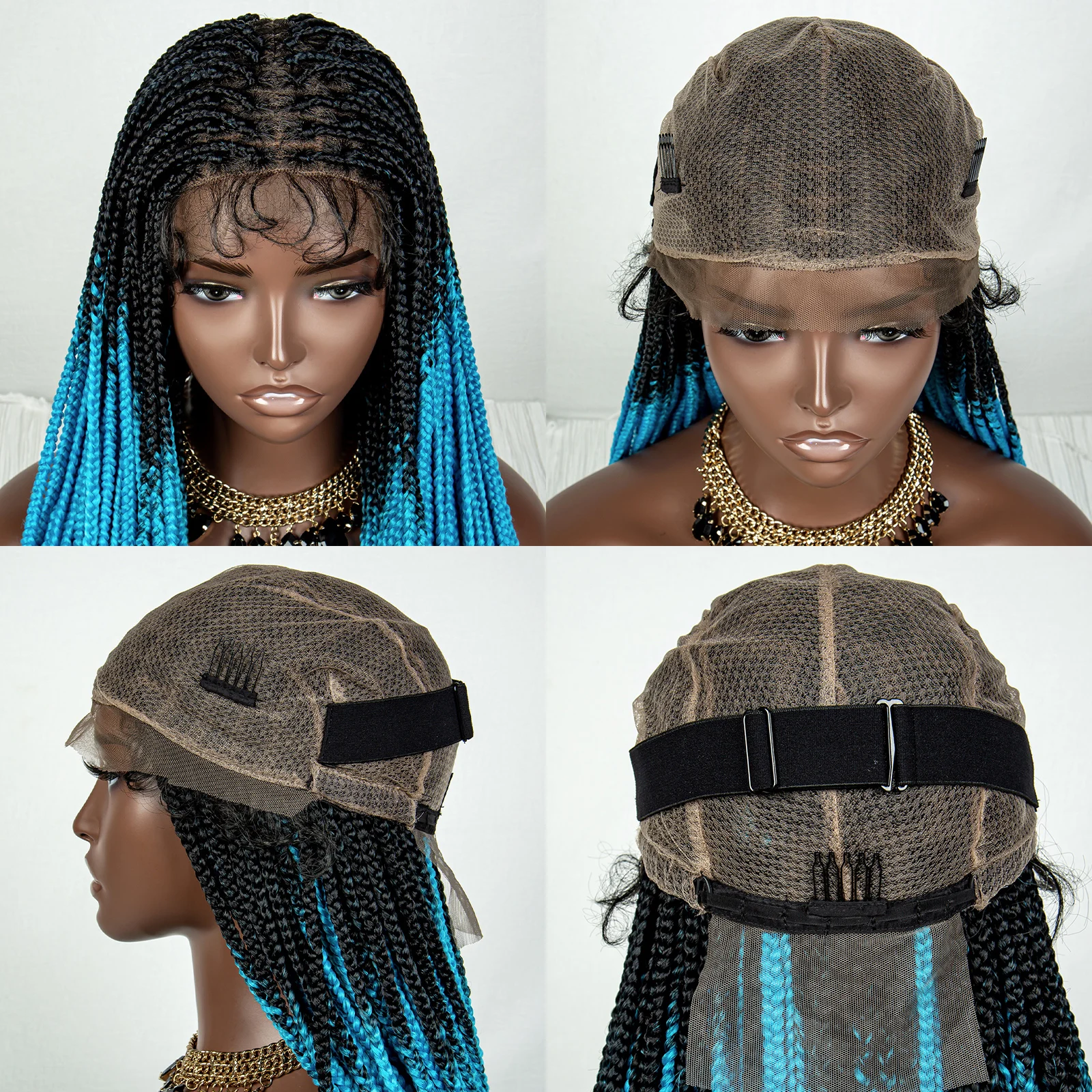 omochi　ウイッグ 青,人工毛,36インチ,四角い四角いレースウィッグ,黒人女性のため