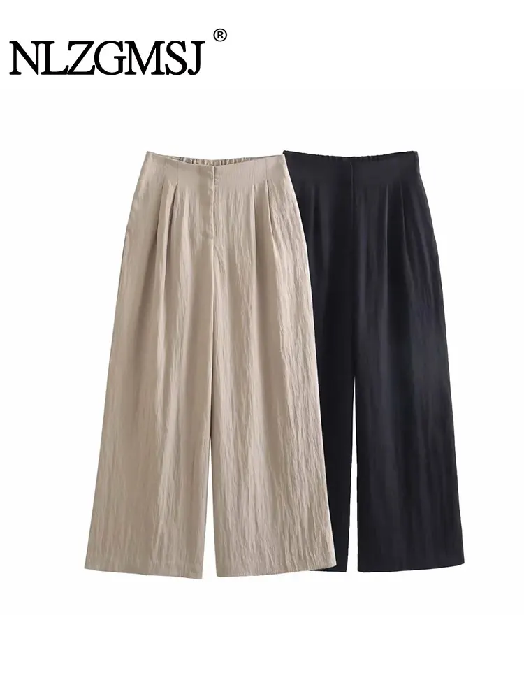 

Nlzgmsj TRAF Autumn And Summer Two-tone Wide Leg Long Pants Solid Casual Straight Leg Trousers New High Waist Loose Pants