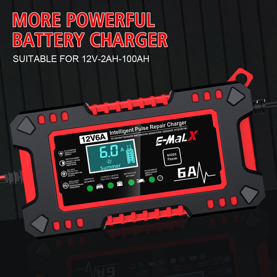 12V 6A Intelligent Pulse Repair Digital LCD Display Voltage Temperature Detection Car Battery Charger Overvoltage Protection