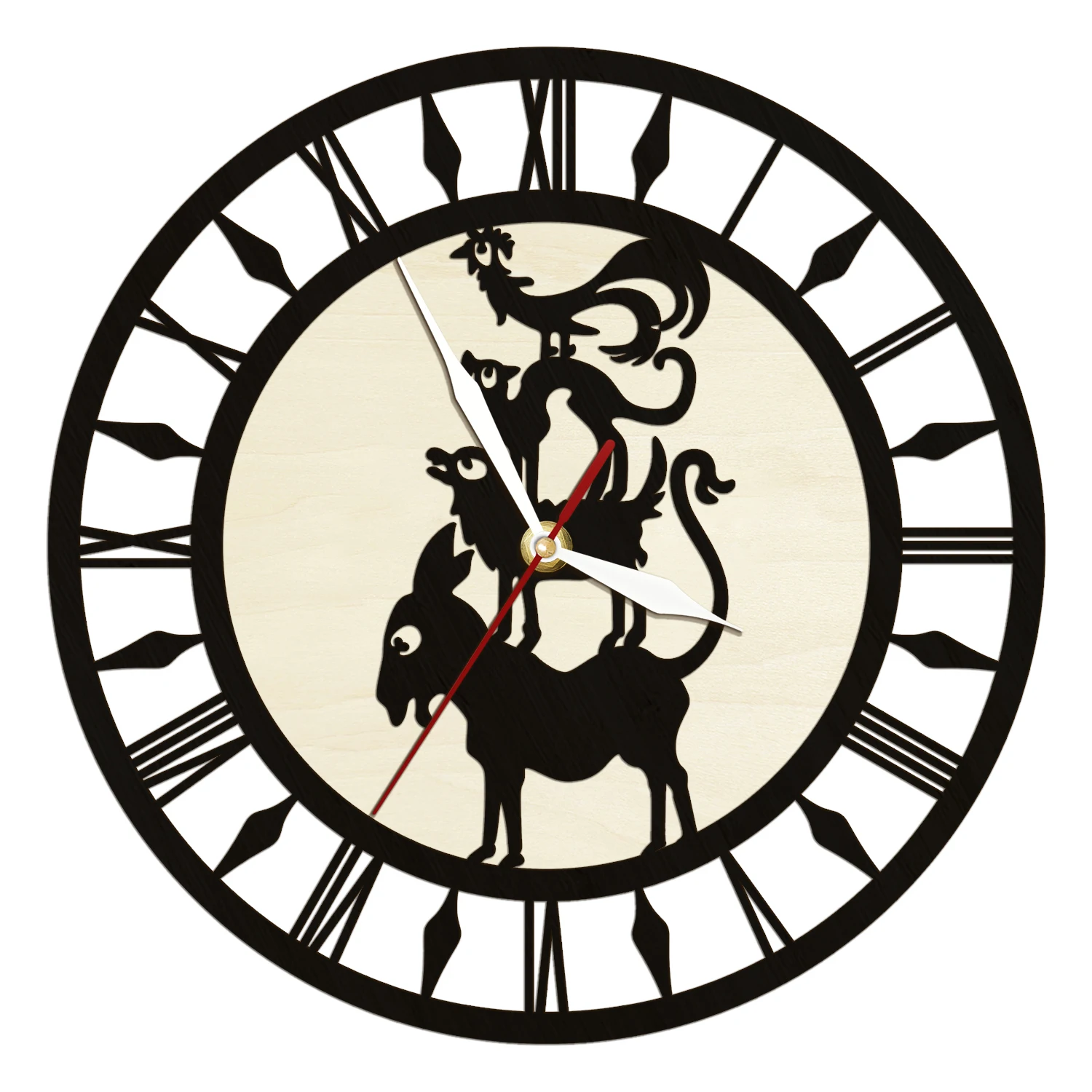 German Town Musicisti Design Unico Orologio Da Parete In Legno Donkey Dog Cat Rooster Animal Art Clock Orologio Da Parete Rustico Per Fattoria