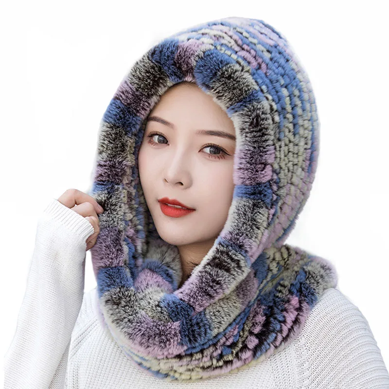 

Hot Sale New Women Real Knitted Rex Rabbit Fur Hat Hooded Scarf Long Winter Warm Fur Hat With Neck Collar Scarves Hat Scarf