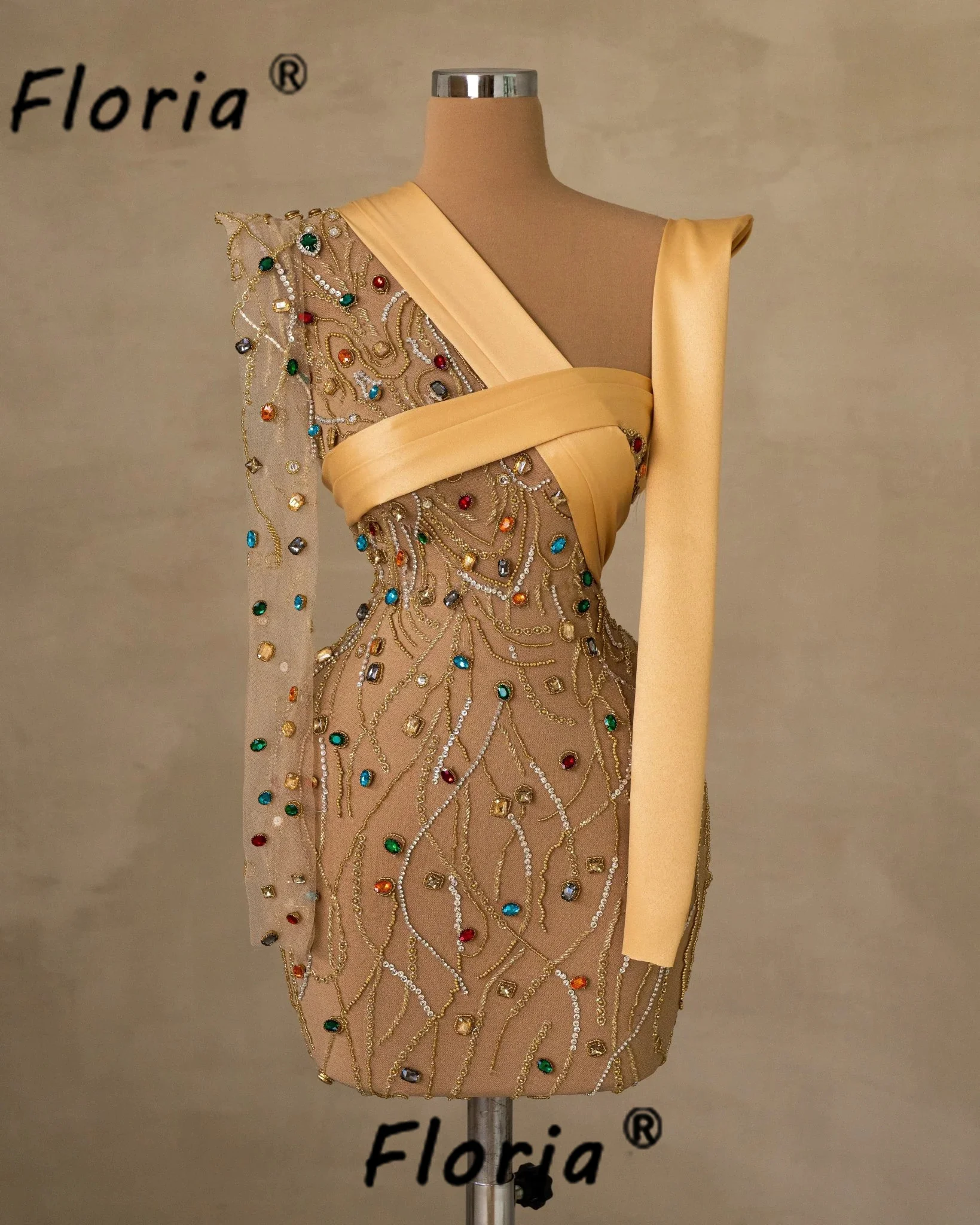 Crystal Colorful Stones Short Cocktail Dress Pretty Dubai Illusion vestidos de fiesta elegantes para mujer Prom Party Dresses