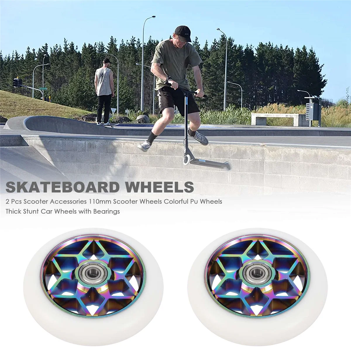 2 Pcs Scooter Accessories 110mm Scooter Wheels Colorful Pu Wheels Thick Stunt Car with Bearings(White)