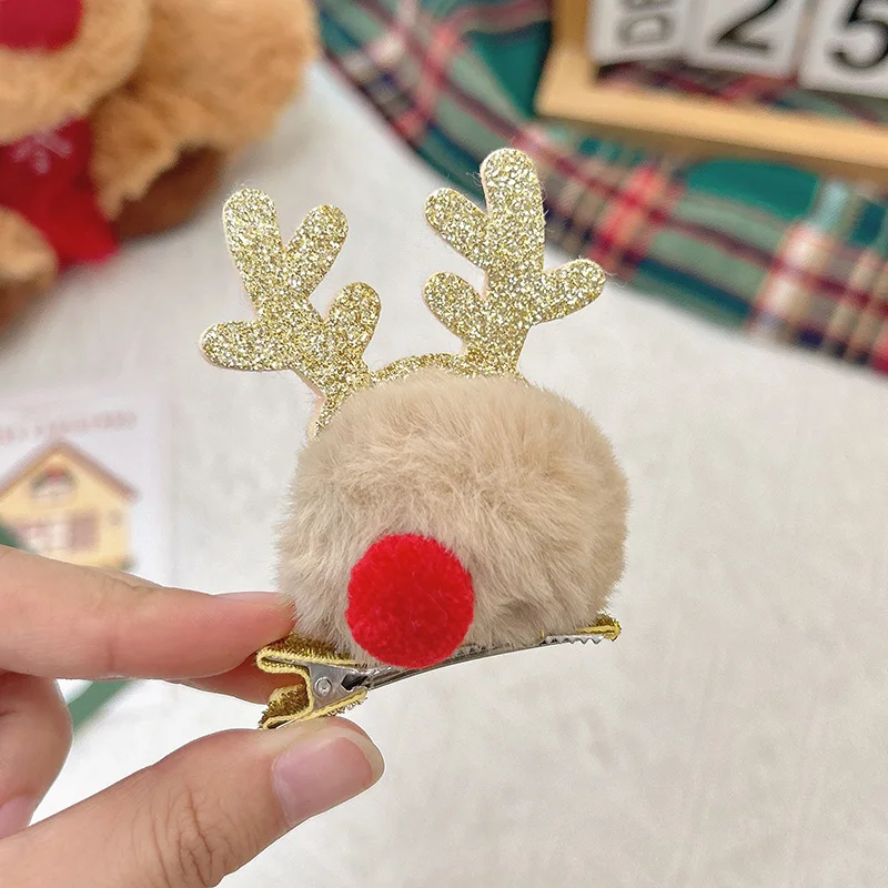 Khaki pom-pom antler hair clip
