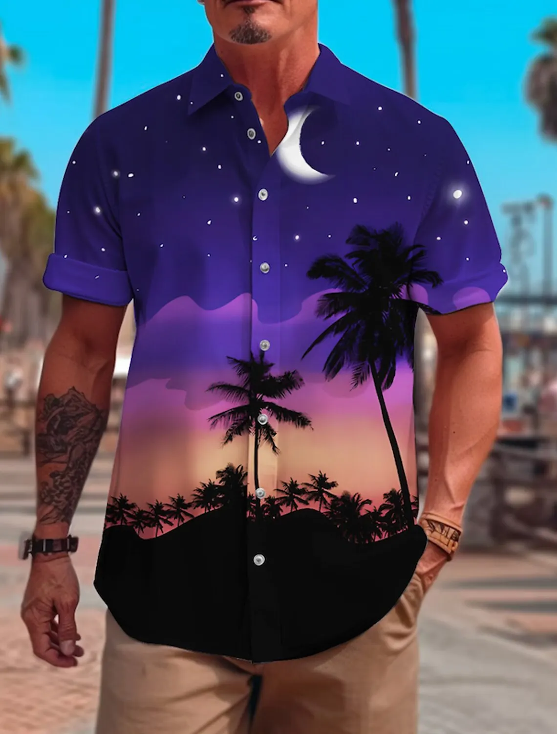 thumbnail image 1 of Camisa estampada para hombre con estampado morado de Hawaii para fiesta en la playa, camisa hawaiana de verano con botones y manga corta, estilo callejero, palmeras, 1 of 4