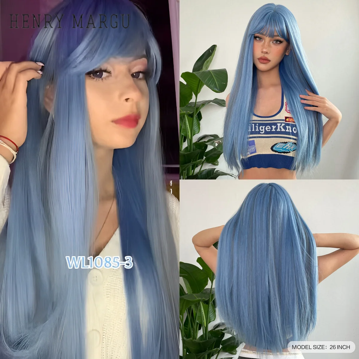 HENRY MARGU Blue Mixed Gray Synthetic Wigs with Bangs Long Straight Wig Natural Looking Female Wig Cosplay Lolita Heat Resistant