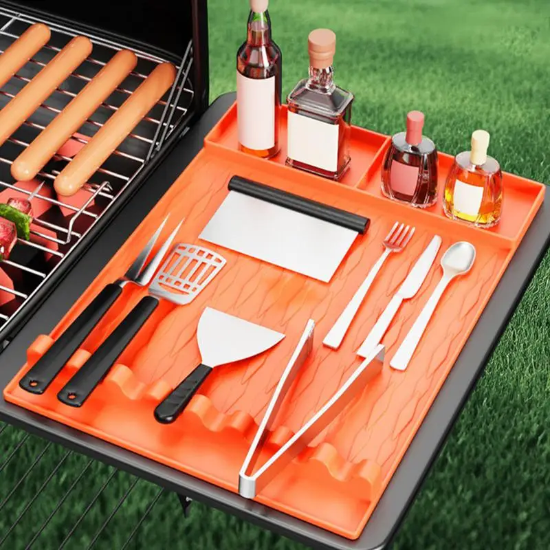 Grill Tools Mat Heat-Resistant Silicone Griddle Tools Side Shelf Mat Reusable Utensil Holder For Outside Grilling Kitchen