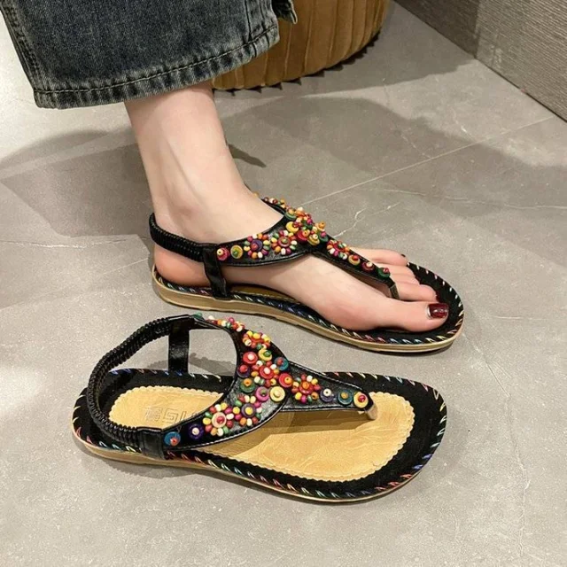 Bohemia Sandals for Women Beach One Word Woman Shoes Flat Rubber Summer 2025 Comfortable Wholesale Shoe Luxury Designer Trending 3