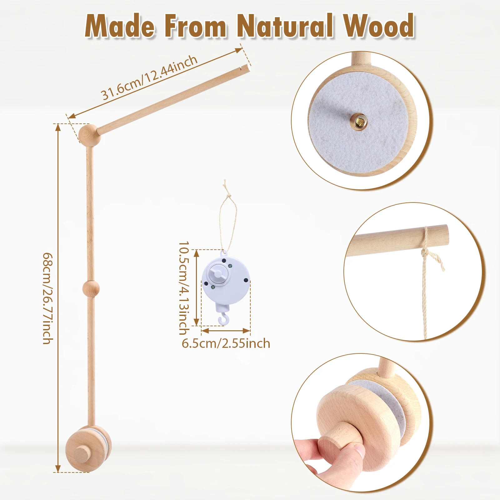Baby Crib Mobile Arm Wooden Holder 27 inch Beech Hangers with Rotating Music Box Nursery Decor Attachment Safe Anti Slip Set