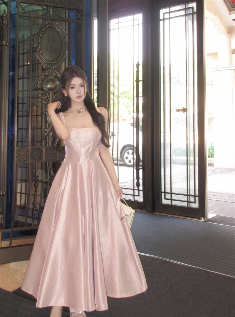 Elegant Satin Midi Dresses for Women Sleeveless High Waist Evening Party Dress A-line Prom Robe Korean Fashion Summer Vestidos