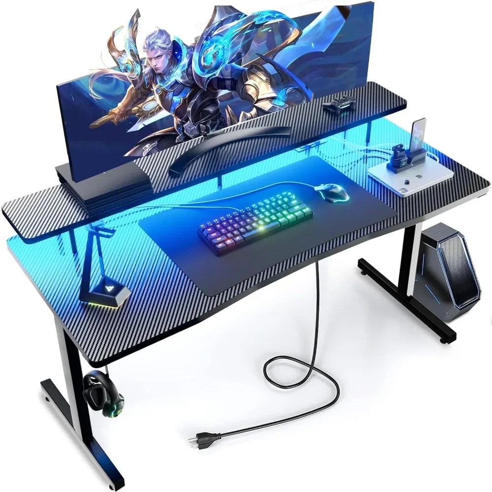 55 Inch Gaming Desk with LED Lights, Computer Gamer Desk with Monitor Stand, Ergonomic Carbon Fiber Surface Gaming Table