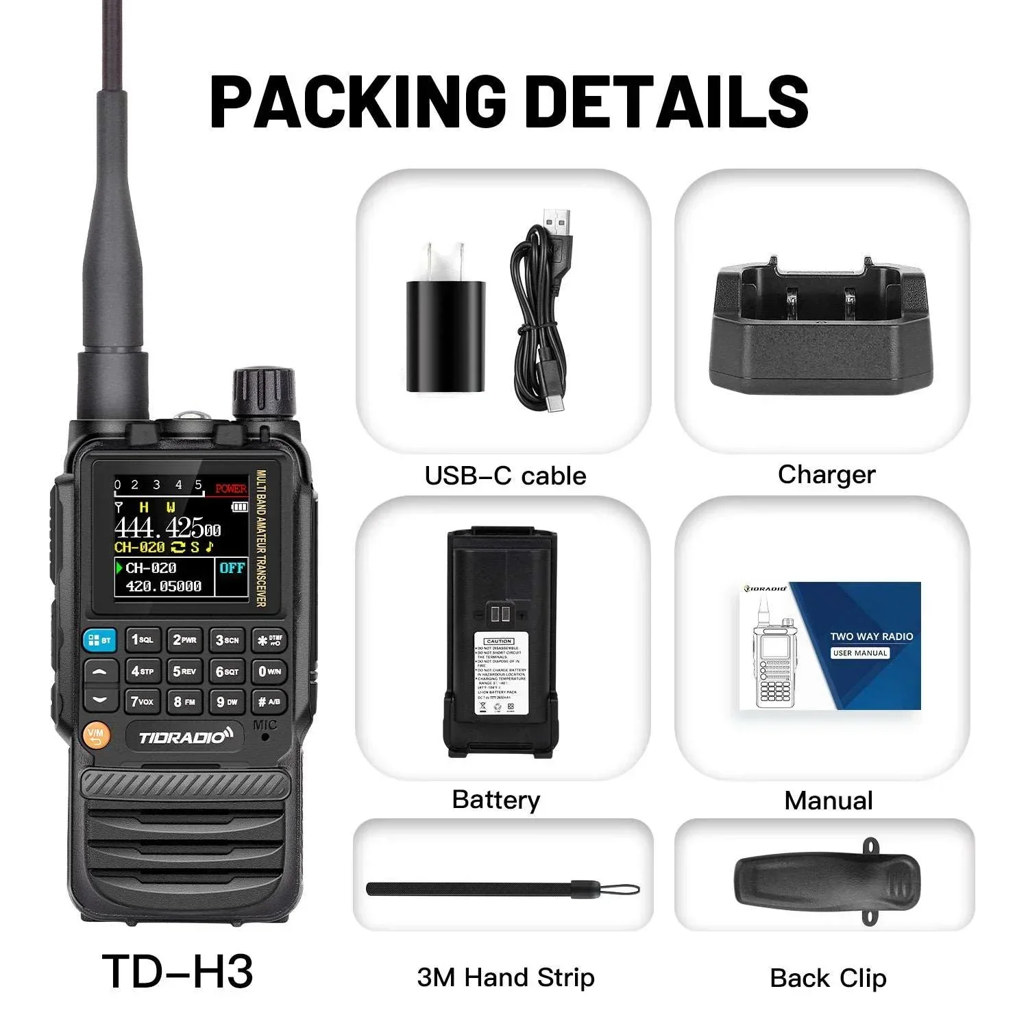TIDRADIO H3 Walkie Talkie Phone APP Wireless Programming Dual PTT Air Band Long Range Radio USB Type-C Cable Programming &Charge 6