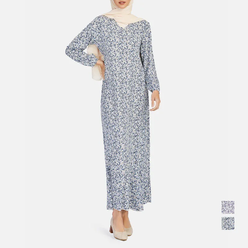 Long Sleeves Pullover Loose Women's Muslim Dress Fashion Printed Large Hem Temperament Chiffon Floral Slim Fit Female Clothing