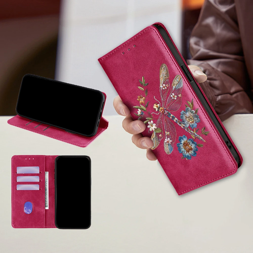 Dragonfly Flower Pattern Leather Flip Cover