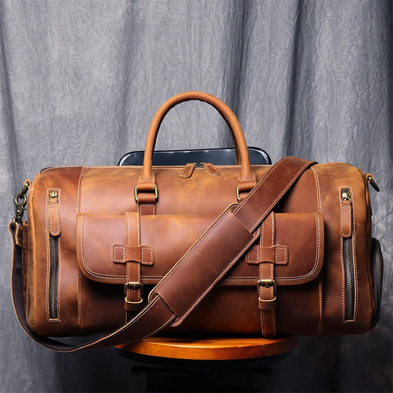 MUNUKI Vintage Crazy Horse Genuine Leather Travel bag  Large Luggage bag men Leather duffle bag Large Weekend Bag Tote Big 2