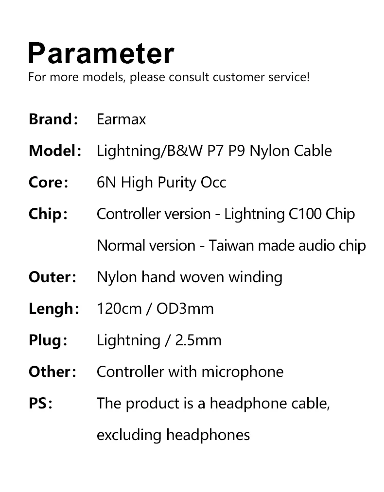For B&W P7 P9 Earphones Replaceable Lightning to P7 P9 Upgrade Cable