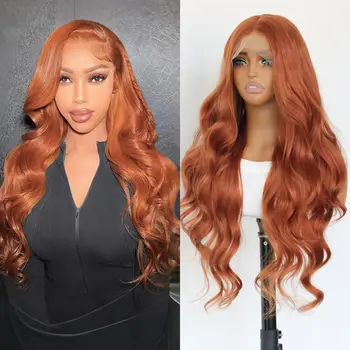 Ginger Orange 13X4 Lace Front Synthetic Wig Orange Long Body Wave Wig For Women Heat-resistant Fiber Wig 24Inch