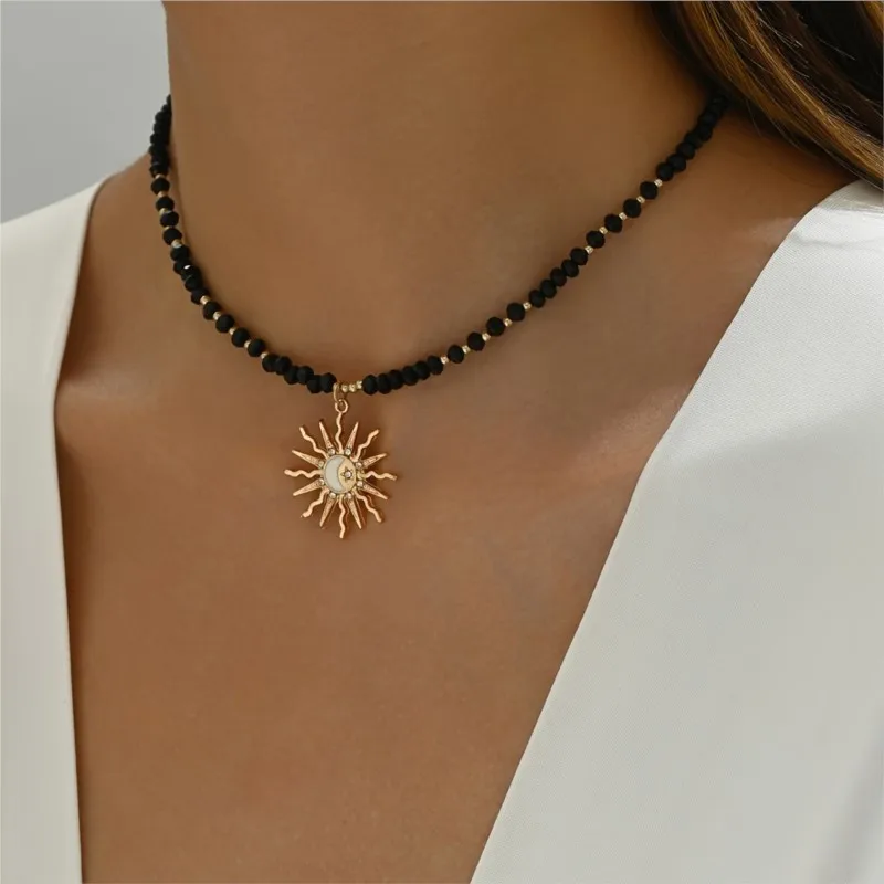 Bohemian Beads Chain Golden-Toned Sun Pendant Necklace for Women Elegant Turquoise Choker Neck Statement Party Jewelry Gifts