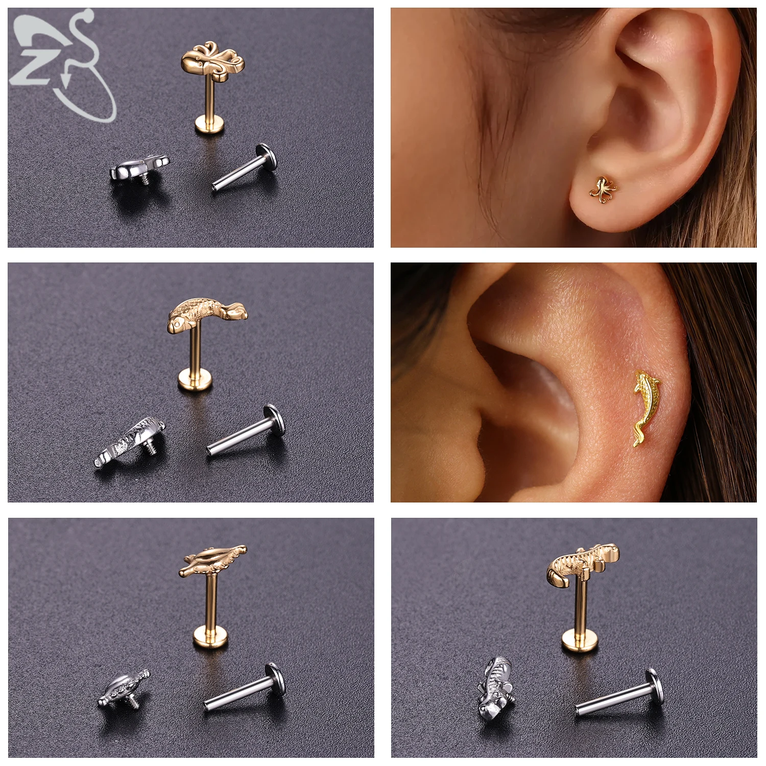 ZS 1개 16G/18G 스테인리스 스틸 라브렛 립 링 내부 나사형 립 스터드 무당벌레 나비 귀걸이 6mm/8mm 연골 귀걸이