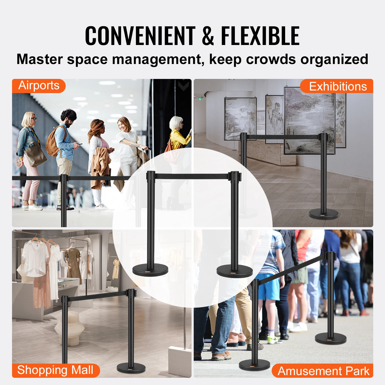 VEVOR Crowd Control Stanchions 2/4/6 Pack Carbon Steel Baking Painted Stanchion Queue Post with Retractable Belt for Exhibition