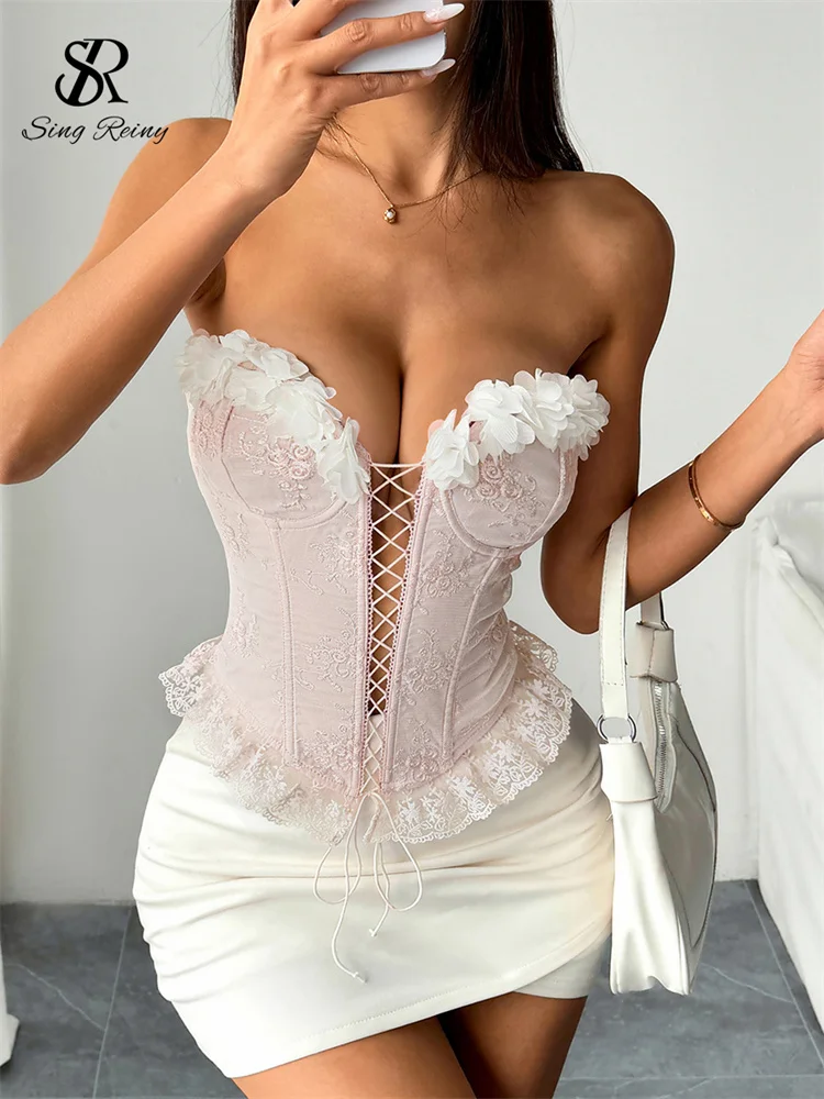 SINGREINY Korean 3D Flowers Spliced Lace Sexy Camis Ladies Backless Sheath Camis Fashion Women Lace Up Streetwear Slim Camisole 4