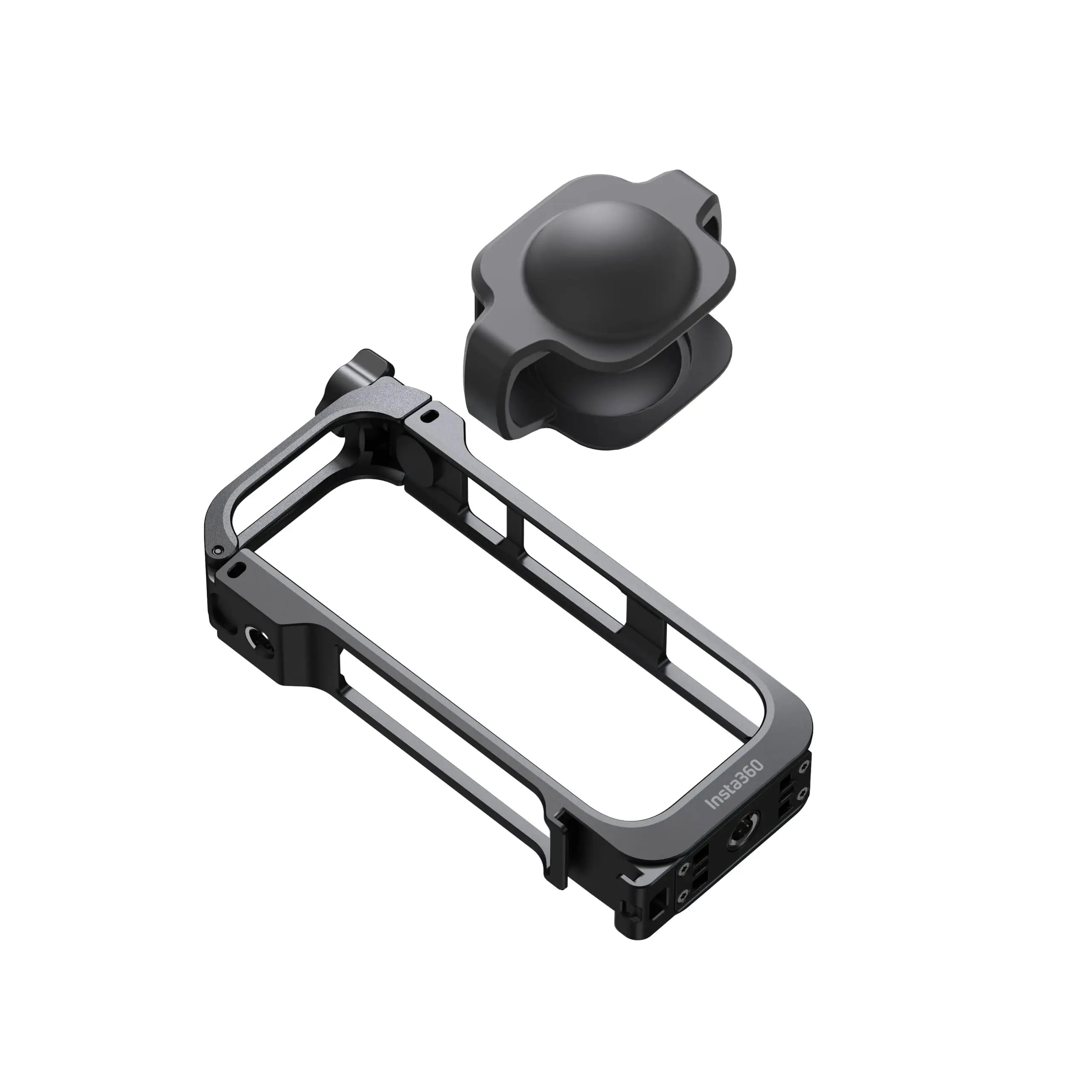 Cadre de protection métal pour Insta360 X4 Air installé, vis de fixation visibles sur le côté