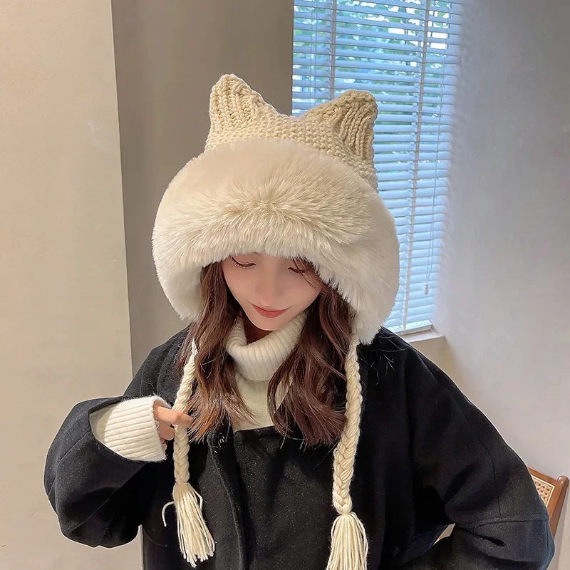 

2023 New Women Winter Warm Cute Beanie Hat Cat Ears Lady Kawaii Knitted Crochet Beanies Hat Cap With Braid For Women