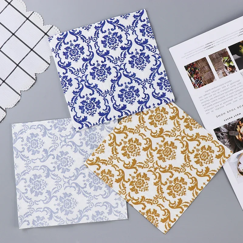 Chinese Elements Blue Gold Silver Flower Pattern Celadon Napkin Paper Tissue Pure Wood Pulp Paper Party Mouth Cloth 20pcs/Pac paper napkins