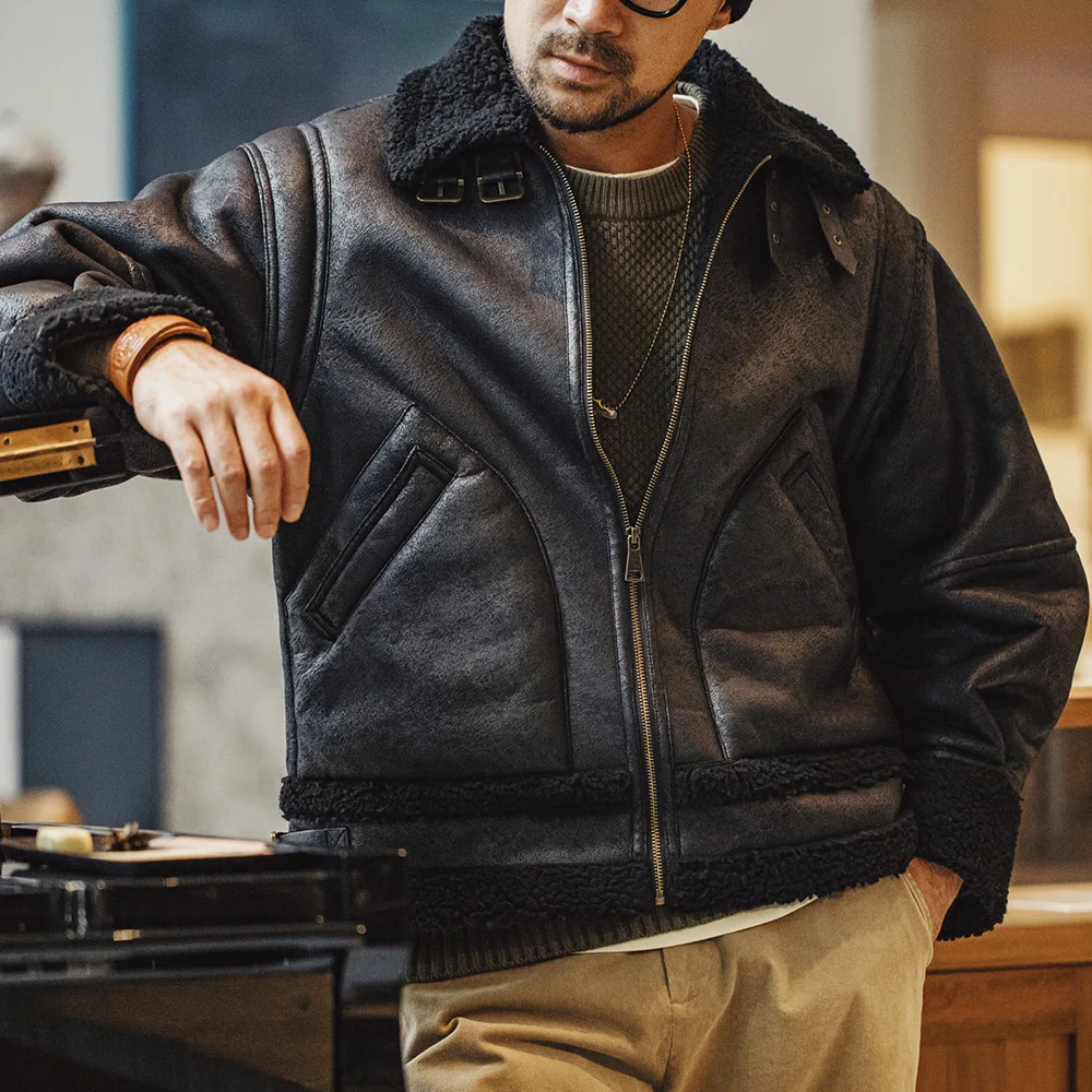 Maden Vintage B3 Bomber Jacket Faux Leather Jacket Fleece-lined