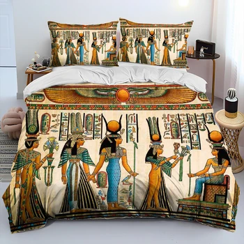 Egyptian Mythology Pharaoh Hieroglyphic Bedding Set,Duvet Cover Bed Set Quilt Cover Pillowcase,King Queen Size Bedding Set Adult