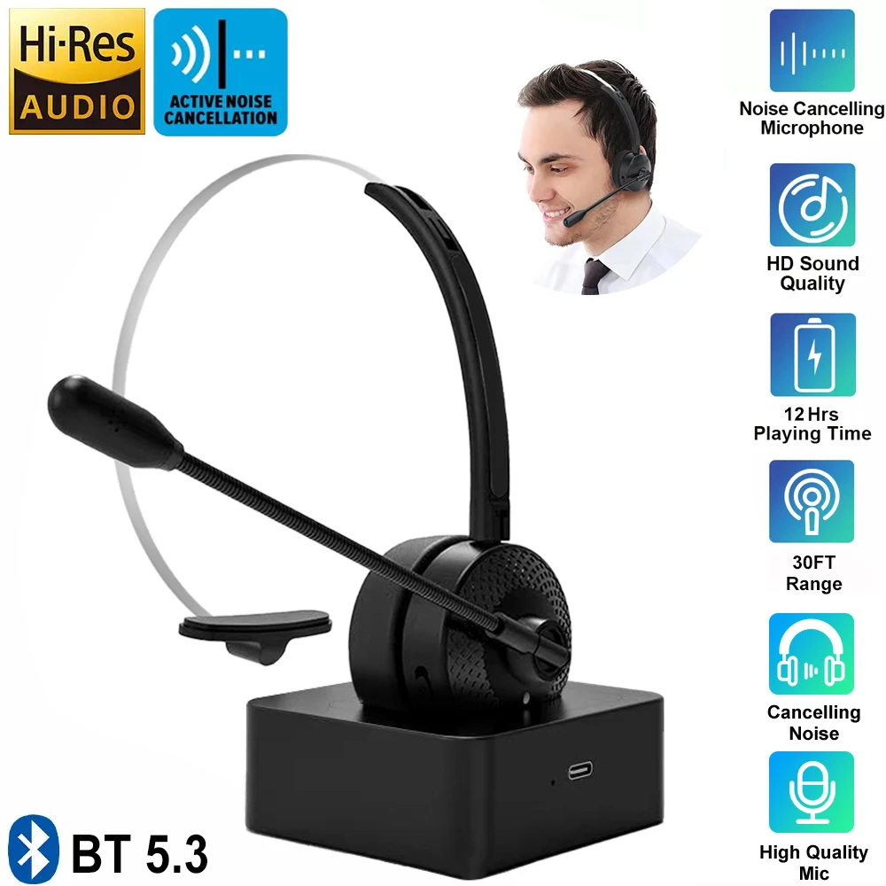 Bluetooth 5.3 Headphone Dual Noise Cancelling Microphone Clear Wireless&Wired Headset For PC Laptop Call Center Phones